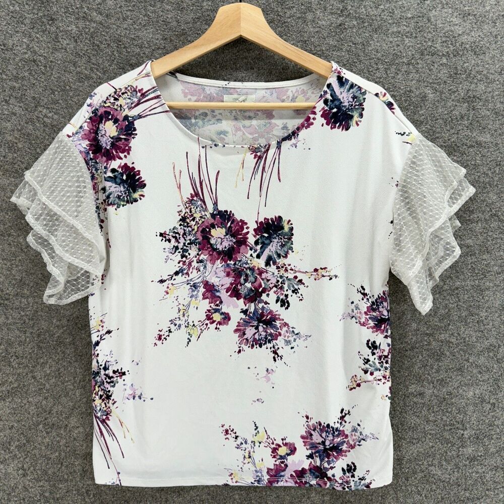 Maurices Blouse Women XS White Floral Short Sleeve Round Neck Pullover Casual